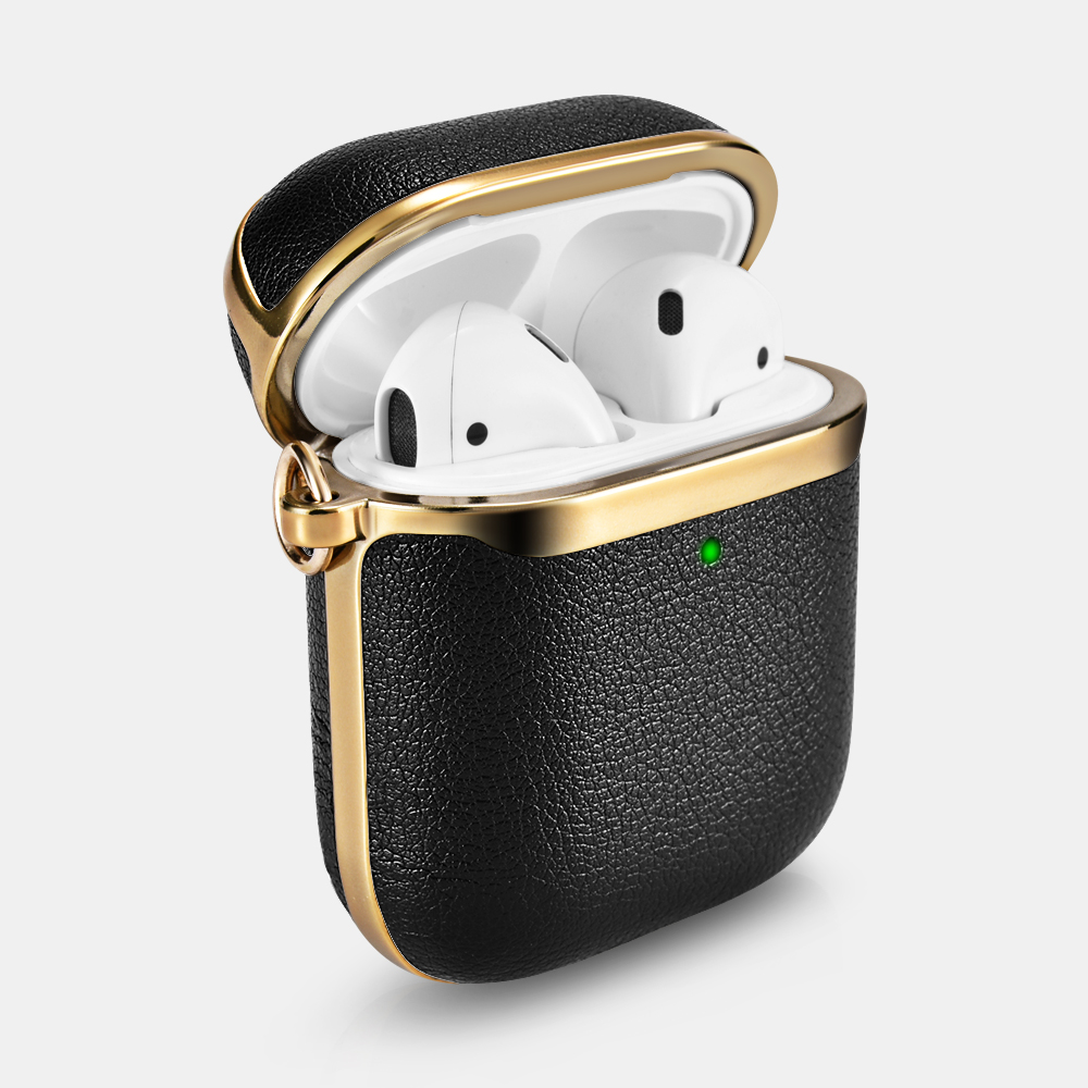 AirPods Gold Electroplating TPU+PU Leather Protective Case(With Silver Carabiner)